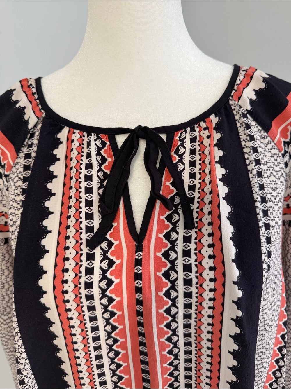 Sanctuary Striped Boho Tie-Neck Blouse in Coral, Black & White Size Small - Picture 3 of 14